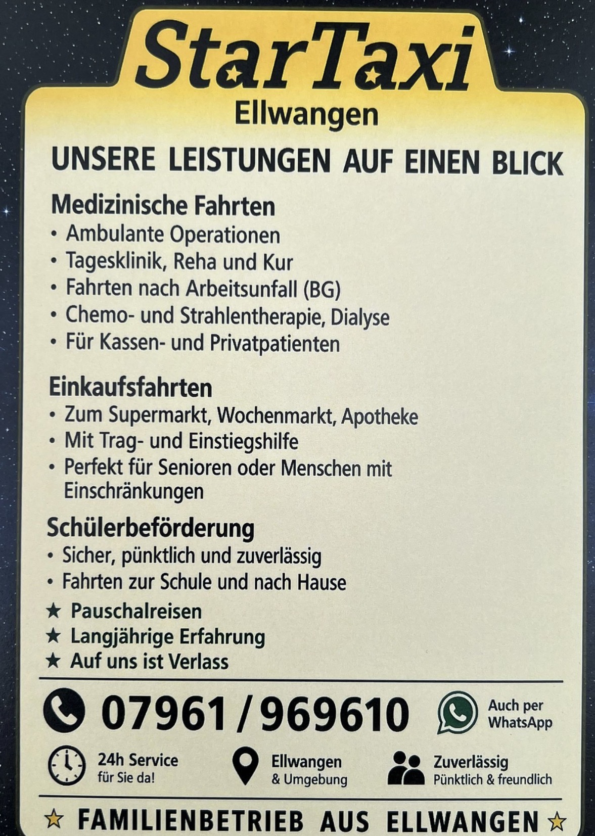 Star Taxi Ellwangen – Flyer mit allen Leistungen auf einen Blick